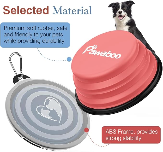 Pawaboo Collapsible Travel Dog Bowls 2 Pack with Lids&Carabiners Silicone | Feeding Watering Bowls for Dogs Cats, Collapsable Water Feeder Food Bowl for Walking Traveling Home Use, Light Pink + Blue