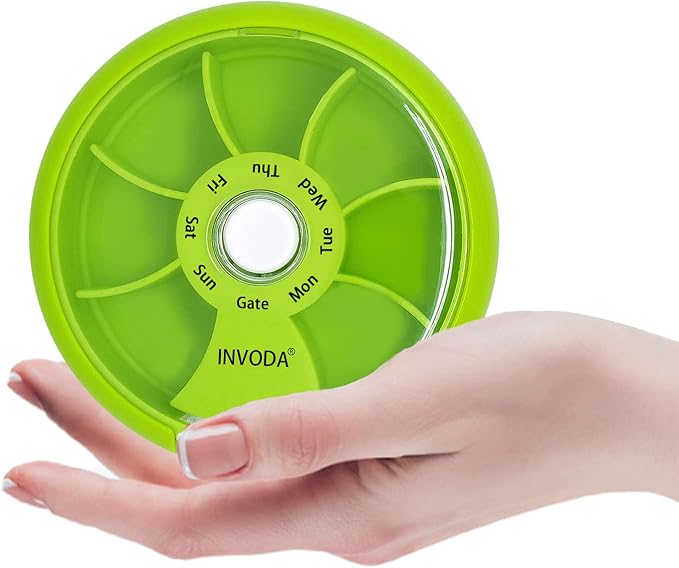 INVODA Weekly Pill Organizer 7 Compartment Rotating Pill Box for Daily | Cute Round Pill Organizer Fit purse pocket or backpack Portable Travel Pill Case for Fish Oil Supplements Vitamins Medication