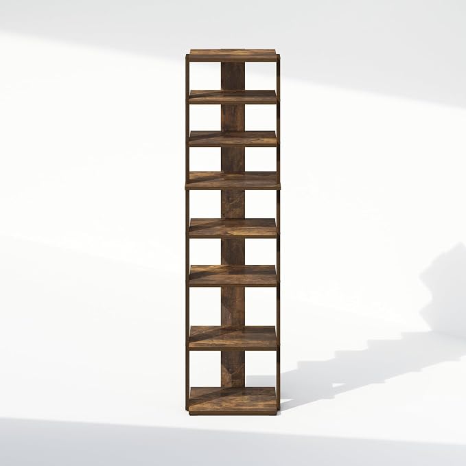 Furinno Turn-N-Tube Corner Shelf, 8-Tier Display Rack, Vertical Corner Storage Rack, Space Saving Organization and Storage, Entryway, Living Room, Closet, Amber Pine