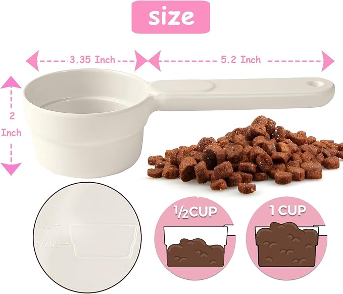 Joyinjojo Dog Food Scoop 1 Cup 1/2 Cup - Melamine Dog Food Measuring Cup, Pet Food Scoop for Dog Cat...Comfortable Long Handle for Easy to Scoop Food, White 1 Cup