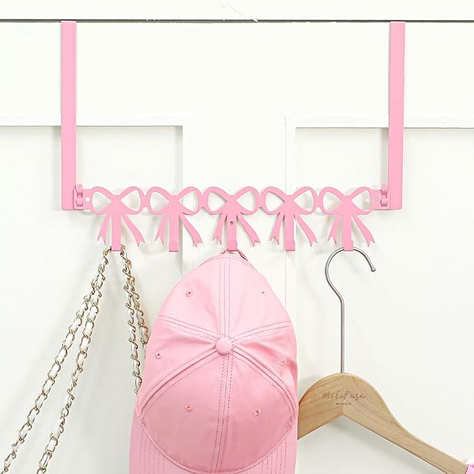 AceOrbit Pink Bow Over The Door Hooks Hanger 5 Hooks Coquettish Decor | Kawaii Bow Style for Bedroom Bathroom, Organizes Towels Hats Clothes, Farmhouse Decor, Over the Door for Kids Girls