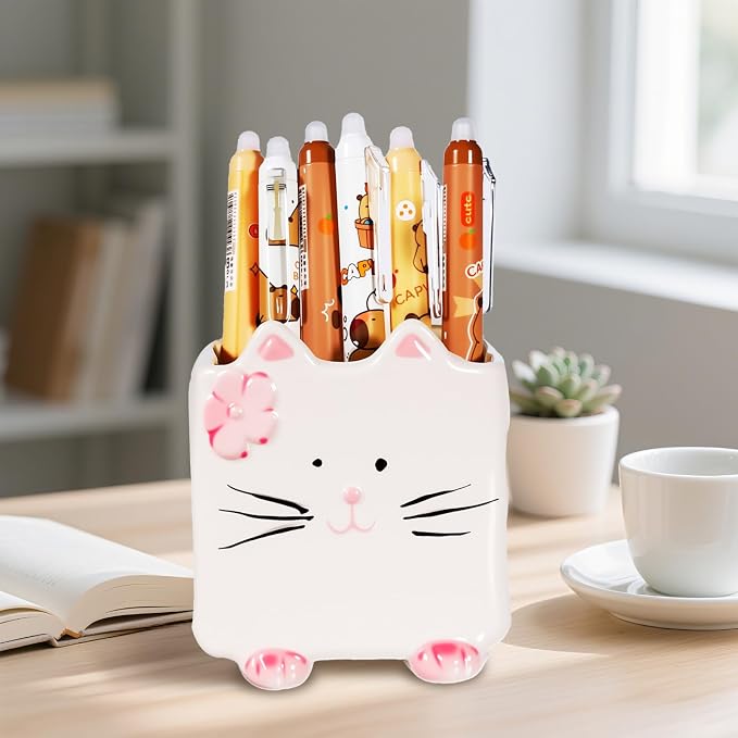 Ceramic Cat Pen Pencil Holder, Cute Desk Organizer for Office and School | Cat Shaped Design for Pens, Makeup Brushes and Plants, Cute Decor Gift for Women, Moms and Birthdays
