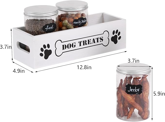 Dog Treat Container Pet Organizers and Storage with 3 Jars Doggie Snack Storage Cat Treat Holder for Countertop Dog Food Storage Cabinet Farmhouse Decor Gift with Reusable Sticker & Marker