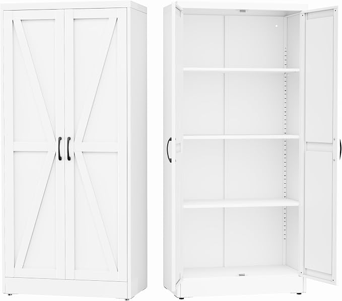 GAIOUS 63" Tall Metal Storage Cabinet White Cupboard Kitchen Pantry Cabinet | with 2 Doors and 3 Adjustable Shelves,Steel Freestanding 4 Tier File Cabinet for Office Dining Bathroom Bedroom,Food Storage