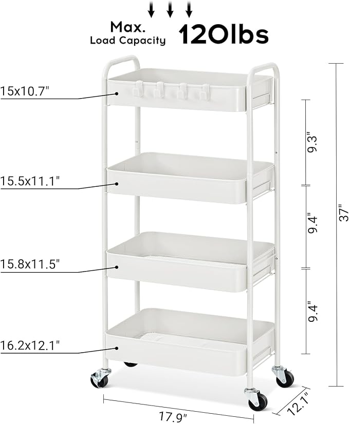 TOOLF 4 Tier Metal Rolling Cart, Utility Storage Cart with Wheels, White | Screwless Assembly, Lockable Metal Wheels, Trolley Organizer for Bathroom, Kitchen, Office, Dorm, Laundry, Craft Room