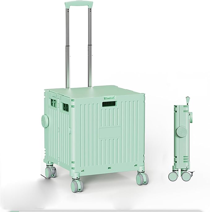 Collapsible Wheeled Crate with Lid,Folding Utility Cart Portable Rolling Crate Handcart,asket on 4 Rotate Wheels,Can Climb Stairs,Heavy Loads and Easy Storage Green 40x43.5x101cm