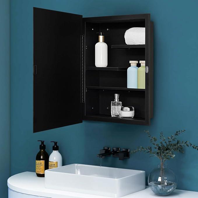 Black Metal Medicine Cabinet With Mirror, 16 x 20 Recessed Bathroom Storage | Recessed or Surface Mount Beveled Mirror Cabinet with Adjustable Staggered Shelves, Piano Hinge, Reversible Door, Powder Coat