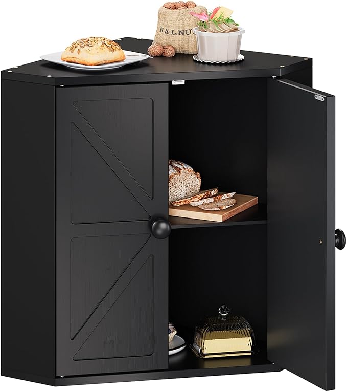 Trironsun Corner Bread Box for Kitchen Counter Double Layer Bamboo Bread Storage Container Large Capacity Bread Storage Bin Farmhouse Breadbox Organizer (Black)