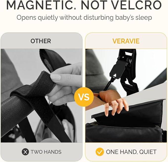 VERAVIE Extra Large Stroller Caddy Organizer Storage Bag, Cup Holders | One-hand magnetic closure, shoulder strap, diaper bag, wagon & pet stroller accessories, new mom essentials, baby travel gear