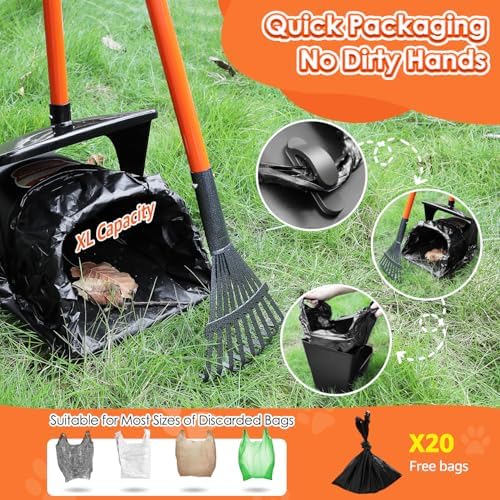 SlowTon Dog Pooper Scooper, 37.4" Long Handle Poop Scoop for Large Dogs | Adjustable, Portable, Non Breakable, with 20 Waste Bags, Swivel Extra Large Bin & Rake & Spade Kit, for Gravel Lawn Grass