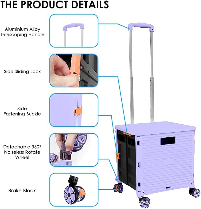 Foldable Utility Cart Portable Collapsible Crate Rolling Carts with Wheels Rolling Tote Basket Teacher Cart with Lid Wear-Resistant 360°Rotate Wheel Noiseless for Shopping Storage Office Use