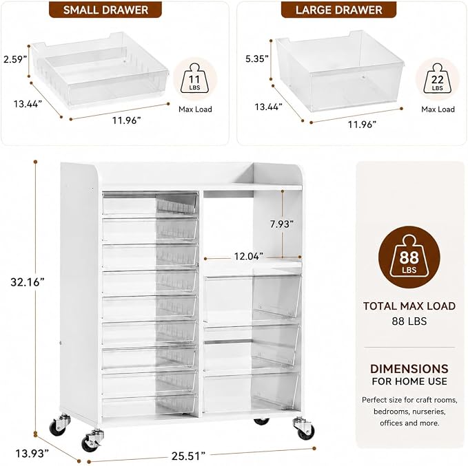 12-Drawer Storage Cabinet with Wooden Top and Open Shelf, White | Storage Furniture System with PET Clear Drawers, Lockable Wheels, for Craft Room, Makeup Vanity, Kids & Home Organization