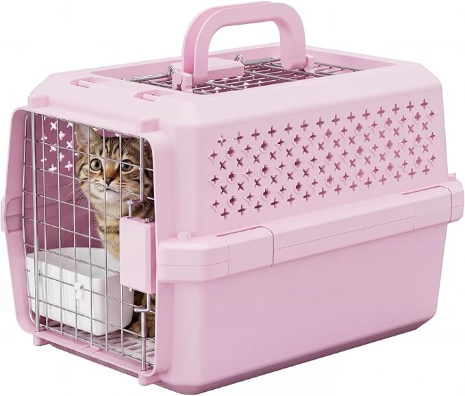 Airline Pet Carrier: Hard-Sided Small Cat & Dog Crate with Bowl | Airline-Approved Size / Durable Metal Locking Door / 360° Ventilation Panels / Top Handle for Easy Carry / Lightweight Shell