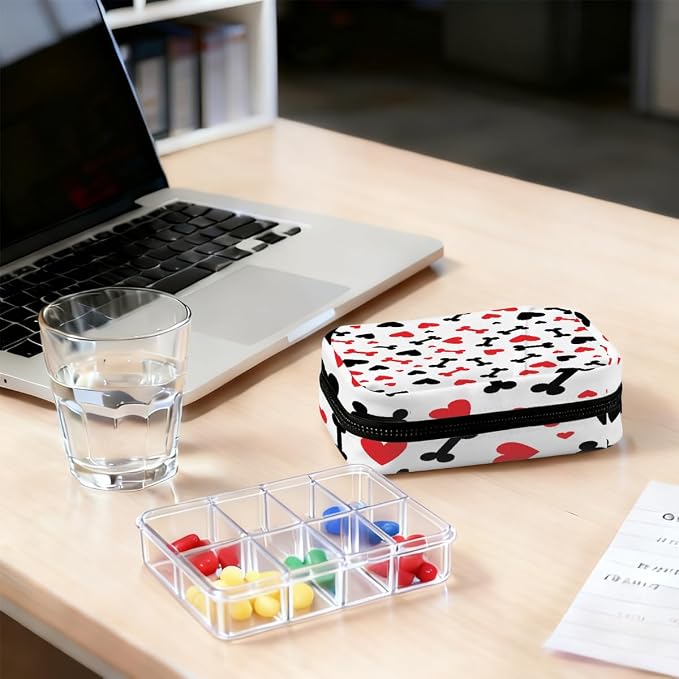 Weekly Pill Organizer Travel Size Bag with Removable 7 Day Pill Box Portable Vitamin Case Purse with Zipper,Hearts Bones White