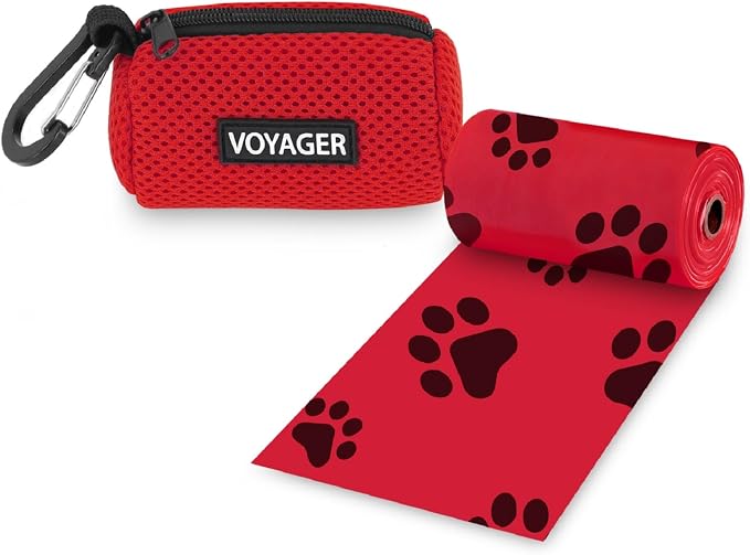 Best Pet Supplies Dog Poop Bag Holder Leash Attachment with Reusable Dispenser for Travel, Walking, Park, and Outdoor Use, Durable with Clip-On - Red, Mesh Dispenser w/15 Bags