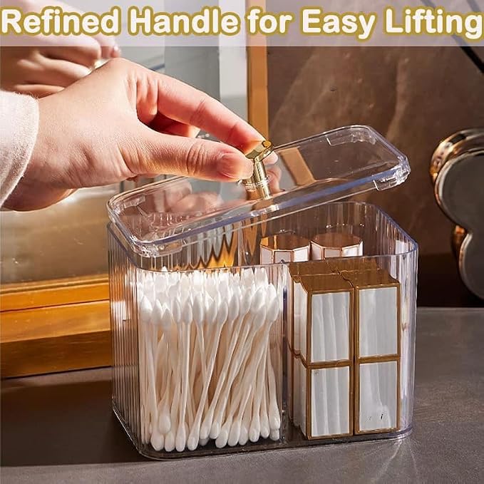 2 Pack 3-Section Clear Qtip Holder with Dustproof Lid, Bathroom Cotton Ball and Qtip Organizer, Cotton Swab Container for Vanity Canisters Jars for Countertop Storage and Organization (Clear-White)