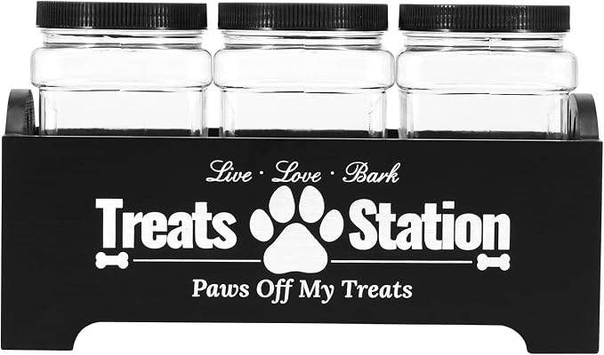 Dog Treat Container With 3 Plastic Jars, Farmhouse Pet Food Storage Organizer for Dogs and Cats (Black)