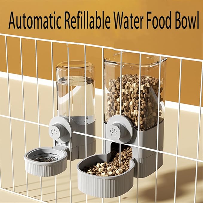 Cage Hanging Bowl Refillable Food Bowls Pet Dog Cat Bowls Kennel Crate Double Bowls for Food and Water with Automatic Water Food Dispense Feeder for Puppy Cat Rabbit (Water Bowl-Grey)