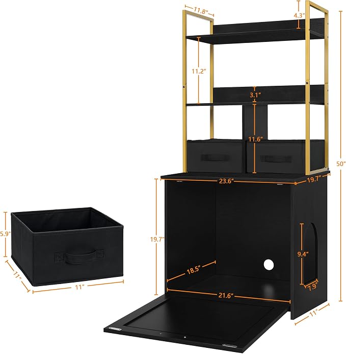 Dwanton Cat Litter Box Enclosure, 2 Storage Shelves and 2 Drawers, 50" H | 2-in-1 Hidden Cat Litter Box Enclosure Furniture with Shelf, Metal Frame, Reversible Entrance, Washable Drawers, Black+Gold