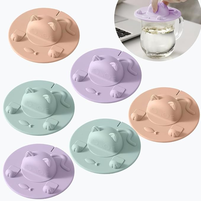 6 Pack Silicone Tea Bag Holders, Cat Mug Toppers, 4 inch | Reusable Drink Covers Help Retain Temperature and Shield Beverages from Dust, Pet Hair, Flies and Wasps