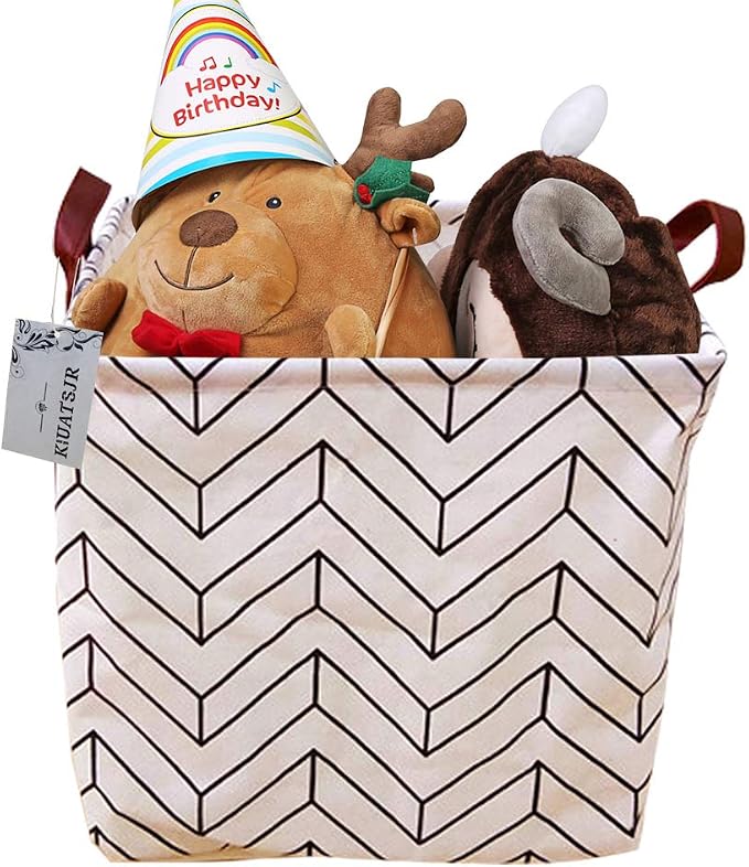 Square Canvas Toy Storage Bins Basket with Handle Collapsible Toy Organizer for Nursery Storage, Kid's Toy & Laundry, Gift Baskets(White-Geometric)
