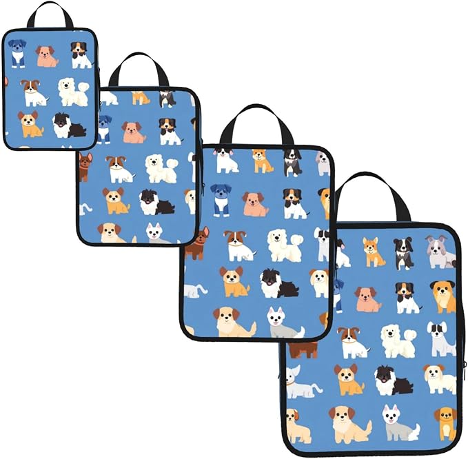 4 Set Compression Packing Cubes for Travel | Dog Various Breeds Cube Storage Organizer For Carry On Expandable Space Saver Packing Bags Travel Essentials