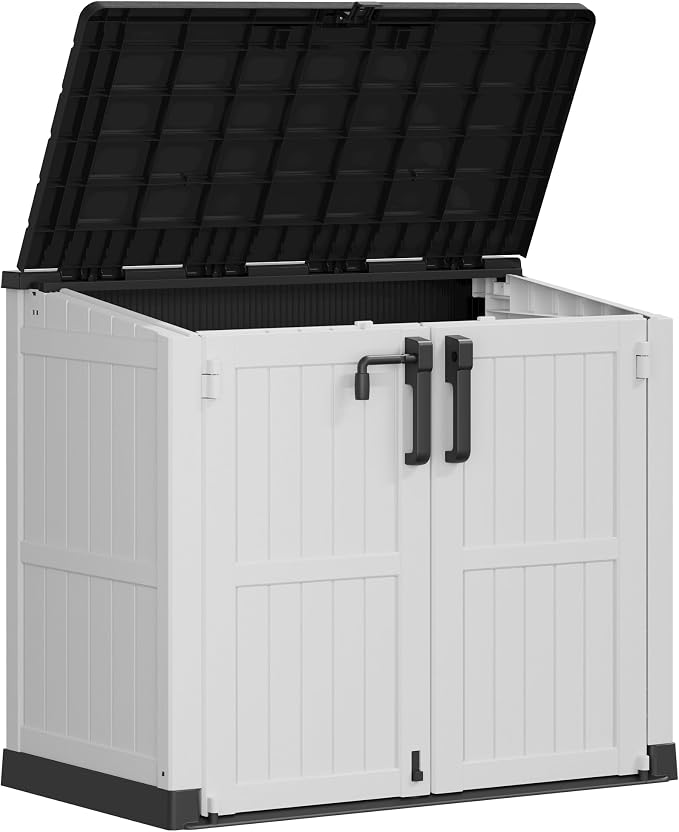 LHBcraft 36 Cu Ft Outdoor Storage Cabinet, Horizontal Resin Storage Shed Box for Backyards, Patios, Portable Waterproof Outdoor Storage Box with Lockable Doors, Ashen