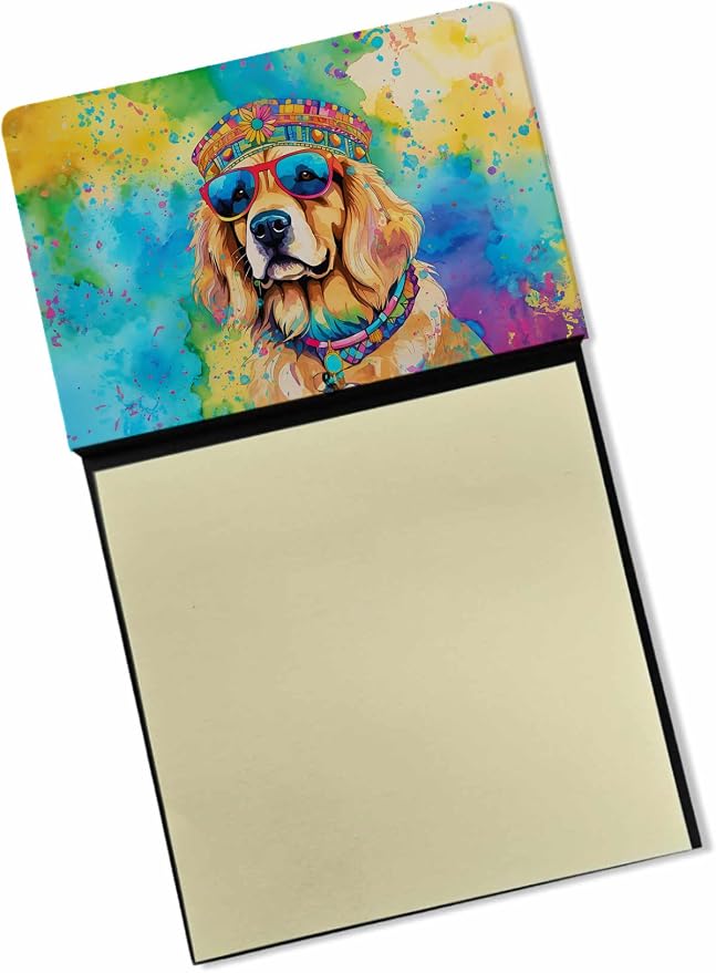 Caroline's Treasures Golden Retriever Hippie Dawg Sticky Note Holder Refillable Dispenser Self-Sticky Note Pads, Memo Pads Blank Desk Accessories