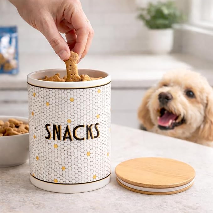 Pearhead Ceramic Dog Treat Jar with Wooden Lid – Bistro Tile Dog Biscuit Container for Countertop, Airtight Stoneware Pet Treat Storage Canister for Puppy Treats & Training Rewards (Pack of 2)