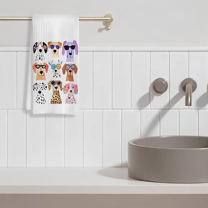 Funny Colorful Dog Kitchen Towels, Dog Lover Mom Owner Gifts Dish Tea Towels for Kitchen, Trendy Puppy with Glasses Hand Towel for Bathroom Decor, 16x24 Inches