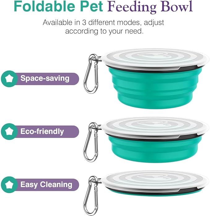 Pawaboo Collapsible Travel Dog Bowls 2 Pack with Lids&Carabiners Silicone | Feeding Watering Bowls for Dogs Cats, Collapsable Water Feeder Food Bowl for Walking Traveling Home Use, VioletTurquoise