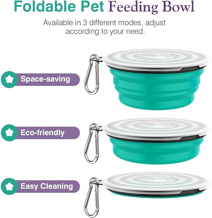 Pawaboo Collapsible Travel Dog Bowls 2 Pack with Lids&Carabiners Silicone | Feeding Watering Bowls for Dogs Cats, Collapsable Water Feeder Food Bowl for Walking Traveling Home Use, VioletTurquoise
