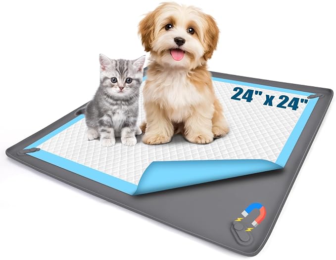 Pee Pad Holder for Small Dogs, 24" x 24" Dog Puppy Pee Pad Holder, Gray | Non-Slip Silicone Tray with 4 Magnetic Clips for Training, No Spill Raised Lip High Edge for Indoor Floor Protection