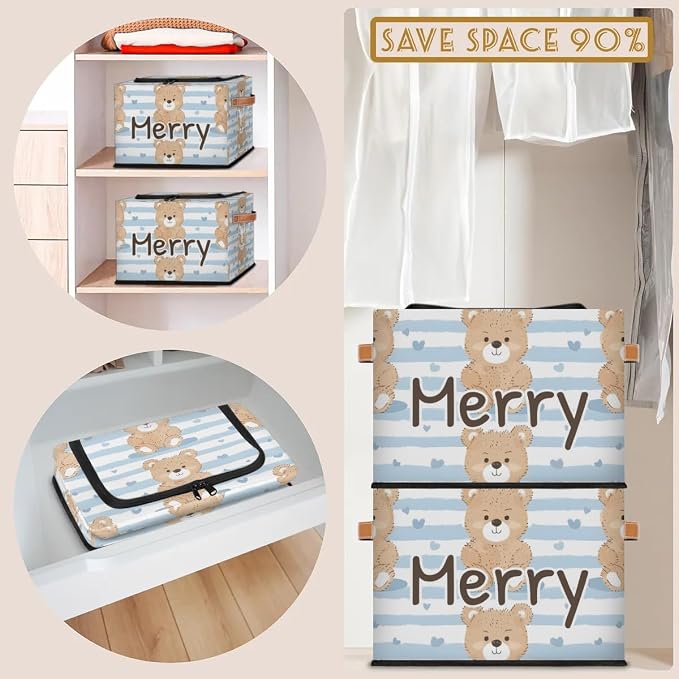 Custom Cute Bear Storage-Bin With Zipper Lid for Kids-Girls-Boys-Baby-Pet,Personalized Name Foldable Storage Box with Handle,Baby Basket With Label for Bedroom Nursery Toy Clothes,White Blue Stripe