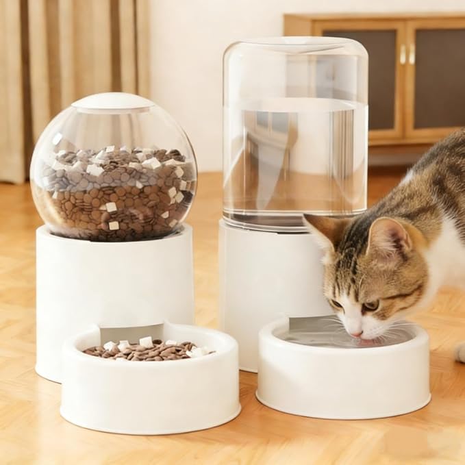 Automatic Cat Feeder and Water Dispenser Gravity Food Feeder and Water Set, Pack of 2, Cat Food Dispenser and Gravity Water Fountain for Cats Small Dogs Puppies Kittens Pets (Beige B)