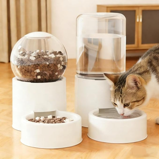 Automatic Cat Feeder and Water Dispenser Gravity Food Feeder and Water Set, Pack of 2, Cat Food Dispenser and Gravity Water Fountain for Cats Small Dogs Puppies Kittens Pets (Beige B)