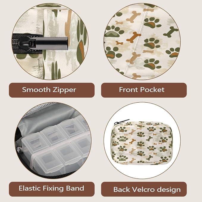 Weekly Pill Organizer Travel Size Bag with Removable 7 Day Pill Box Portable Vitamin Case Purse with Zipper,Camouflage Pet Paws Beige