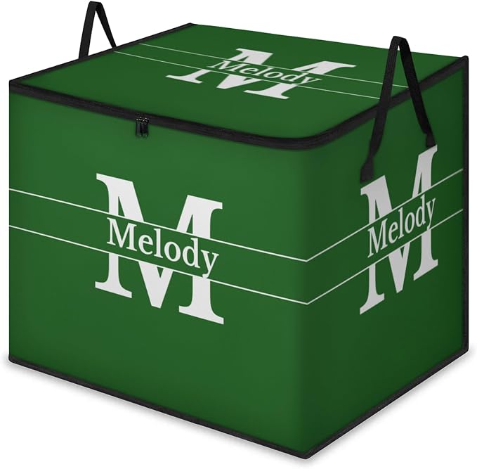 Personalized Storage Bags with Lid Large Blanket Clothes Organization and Storage Containers for Comforters,Bedding, Foldable Organizer with Reinforced Handle, Forest Green with Initial Letter