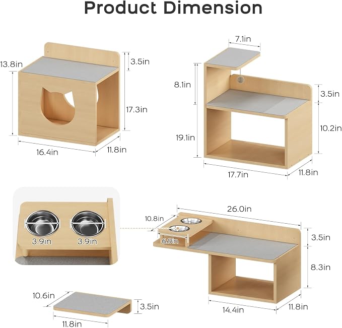 Cat Wall Shelves with Storage, Modern Floating Cat Shelves for Playing, Set of 5 Levels, Wood Color, Wall Mounted Cat Furniture and Perch, Cat Climbing Wall with Two Bowls
