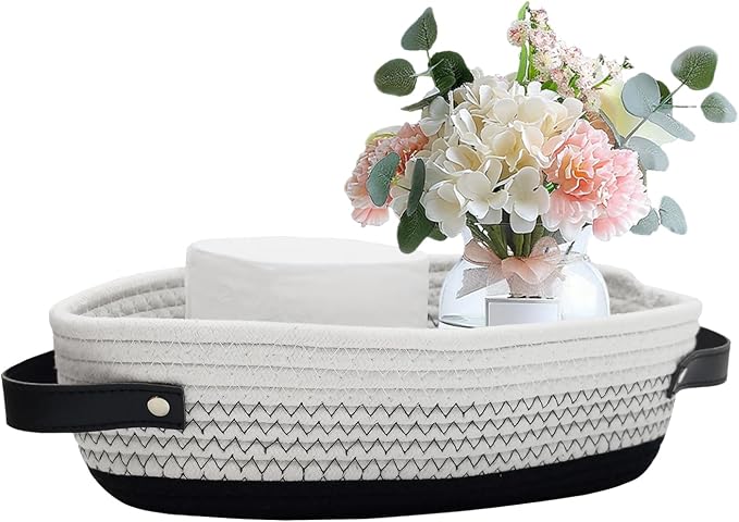 1 Pack Small Woven Storage Basket for Toilet Tank Top, Bathroom Countertop Organizer Basket Cotton Rope Toilet Paper Storage Toilet Paper Decorative Basket 13"x6"x4" (Black/White)