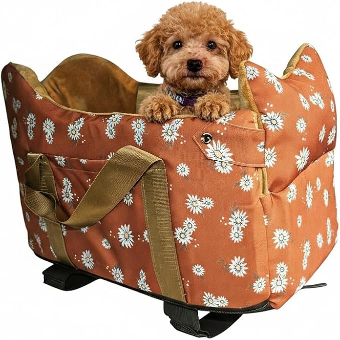 Dog Car Seat for Small Dogs 5-15 lbs,Cofe Color | Pet Travel Booster Seat with Safety Leash, Detachable Seat Belt,Storage Pockets