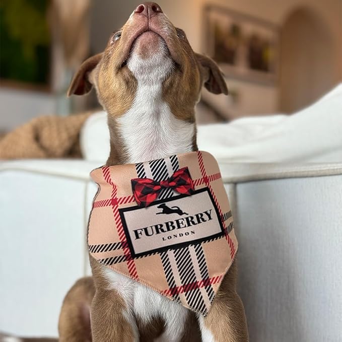 Dog Bandana Furry Plaid Designer Fashion Clothes Scarf kercheif for Small Medium and Large Dogs. Funny Parody Gift for Girl or boy Dog Soft Durable Fabric, Adjustable tie-on Style Triangle