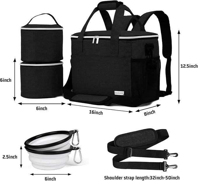 BAGLHER Dog Travel Bag Backpack Pet Supplies Backpack Pet Accessories Storage Bag 5-Piece Set With Shoulder Strap 2 Lined Pet Food Containers 2 Foldable Feeding Bowls Essential Kit for Pet travel