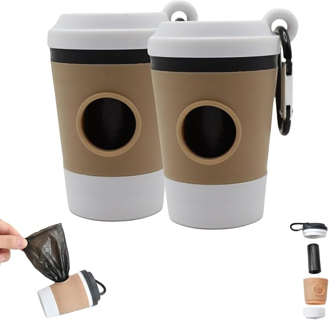 Dog Poop Bag Holder, Coffee Cup Design Dispenser with Carabiner Clip, Portable Waste Bag Carrier for Dogs & Cats, Hands-Free Leash Attachment for Walking, Hiking, Travel, Pet Waste Organizer (W_2Pcs)
