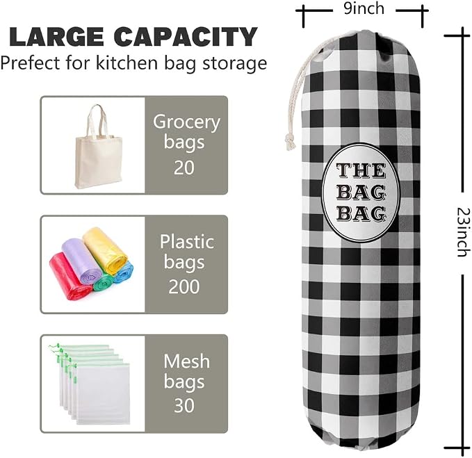 THE BAG BAG Plastic Bag Holder, Black and White Buffalo Check Plaid Grocery Bag Dispenser, Hanging Trash Bag Storage Organizer for Kitchen, Laundry Room, Pantry, Farmhouse Decor, Gifts For Grandma Mom