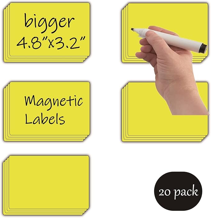 STTMGN Dry Erase Big Magnetic Labels (4.8x3.2,Pack of 20),Large Write On Magnets Name Tags Sticker,Waterproof/Reusable for Refrigerator&Lockers&Whiteboard&Cabinet(Yellow)