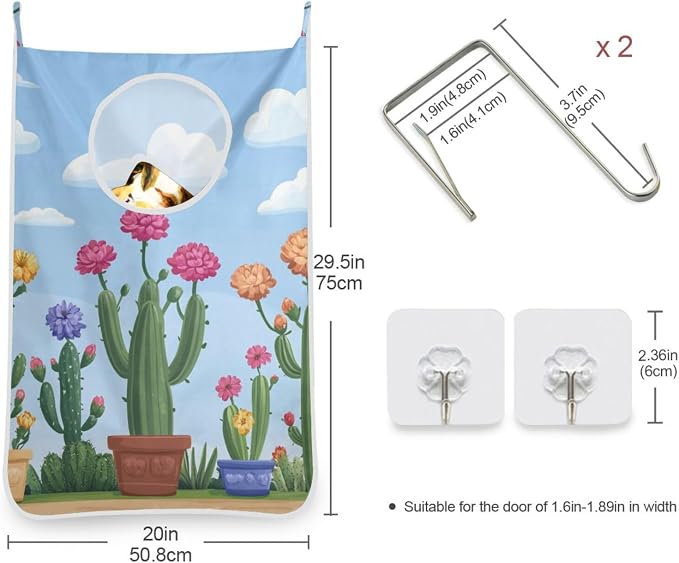 1PC Hanging Laundry Hamper Bag Over the Door Laundry Hamper Wall Hamper Large Dirty Clothes Hamper with Stainless Steel Hooks 29.5x20Inch Blooming Carnations Cacti Cloud Blue