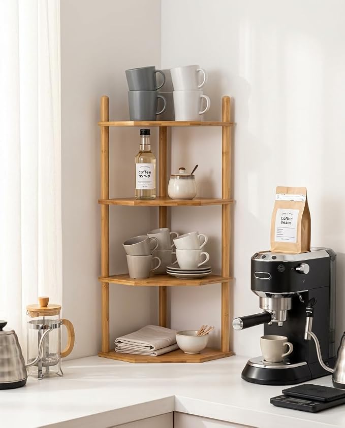 4-Tier Bamboo Corner Shelf,Kitchen Countertop Organizer,Corner Countertop Organizer Shelf, Coffee Bar Organizer,Coffee Bar Accessories,for Kitchen, Pantry, Organizers and Storage,White
