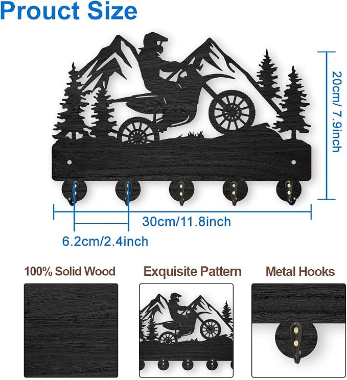 MAYJOYDIY Motorcycle Mountain Forest Coat Hooks, Wall Mounted 11.8x7.9in, 5 Alloy Hooks, Rust Resistant, Wooden Key Holder, Black, 35 Pound Weight Capacity