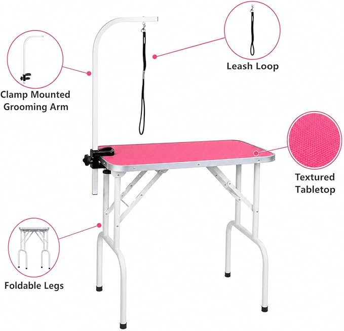 LEIBOU Pet Dog Grooming Table Foldable Grooming Table Heavy Duty Iron Frame with Arm & Noose for Dog Cat Pet Grooming (32'', Pink)
